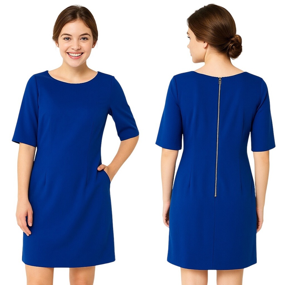 Tahari Arthur S. Levine Royal Blue Dress Short Sleeves Lined Pockets Gold Zipper